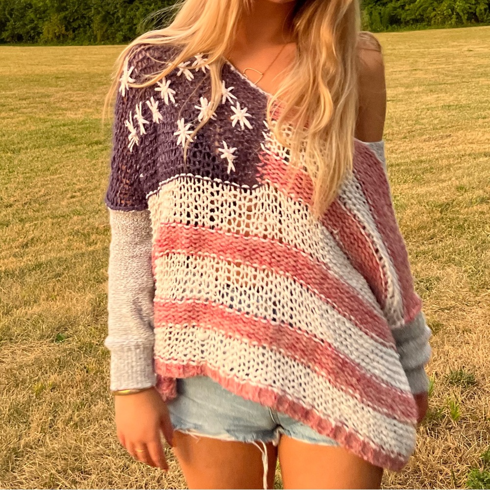 Free People Open-Knit American Flag Sweater in Navy, Red & White - Picture 6 of 6